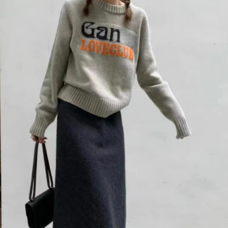 

Women New Autumn and Winter Casual Round Neck Letter Printed Wool Blend Long-sleeved Sweater
