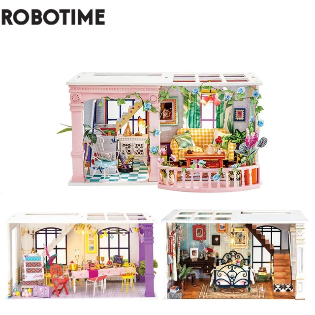 Robotime New Arrival DIY Sweet Patio Doll House with Furniture Children Adult Miniature Dollhouse Wooden Kits Toy DGF01 1