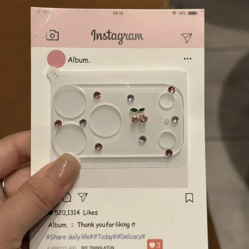 Ins Korean Cute Glitter 3D Rhinestone Colorful Cherry Lens Film for iPhone 17Pro 17 Pro Max Full Cover Glass Camera Protector 4