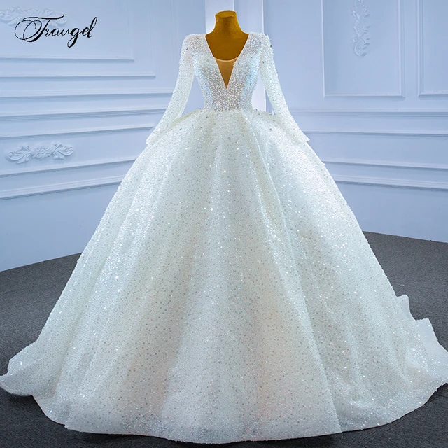 Customized Ball Gown Princess Wedding Dresses O-Neck Long Sleeve Vestido De Novia Beaded Crystal Charming Shiny Robe De Mariee 1