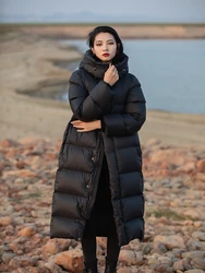 AIGYPTOS 95% White Goose Down Jackets For Women Winter Thick Warm Hooded Long Goose Down Coat Black Korean Fashion Puffer Jacket