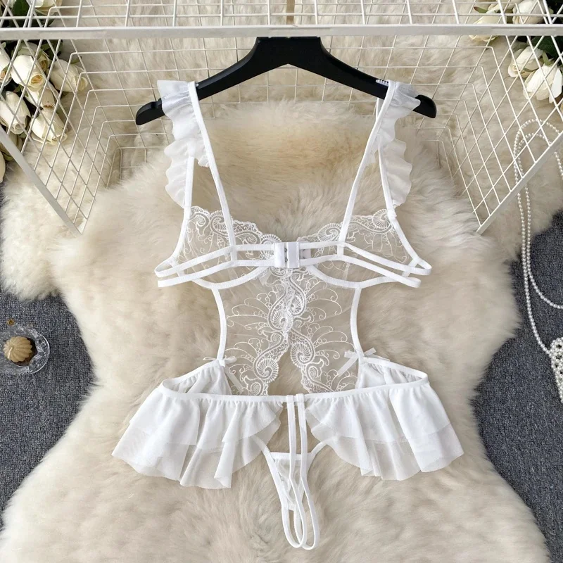 Transparent Lace Ruffle Strap Playsuit One Piece Backless Open Crotch Slim Fit Sexy Women's Pajamas Lingerie Bow New Mini Skirt