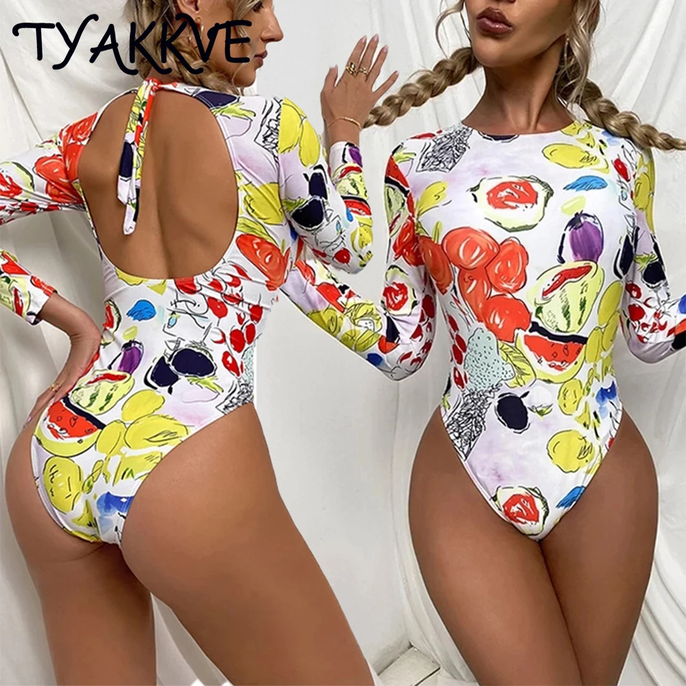 TYAKKVE Surf Swimwear Rash Guard Long Sleeve One Piece Swimsuit For Women Print High Neck Bodysuits Swim Suits Backless Monokini