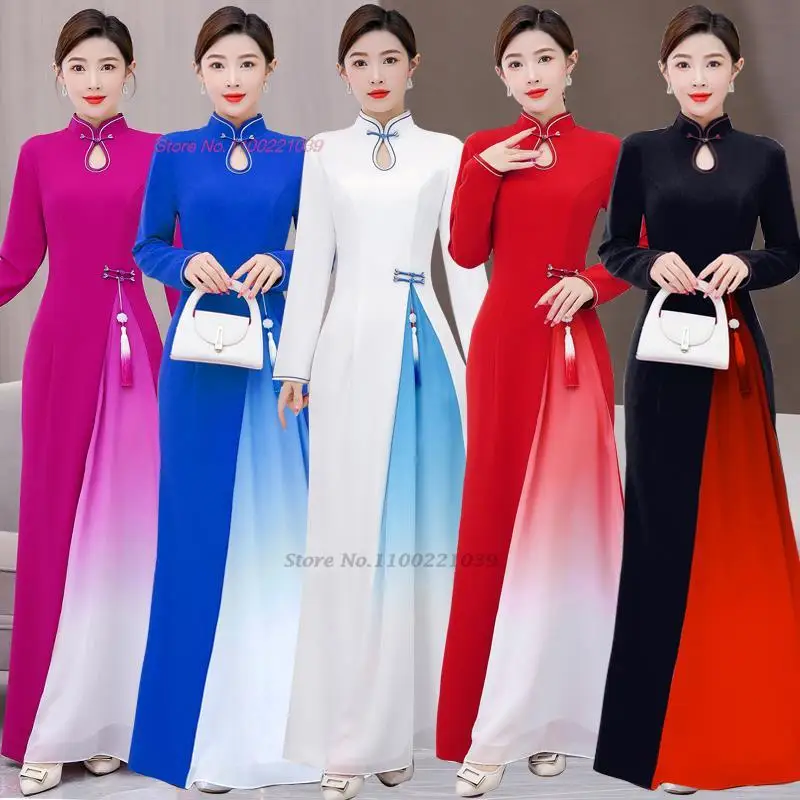 

2024 aodai traditional vietnam cheongsam dress retro gradient color vintage qipao national ao dai dress elegant party qipao