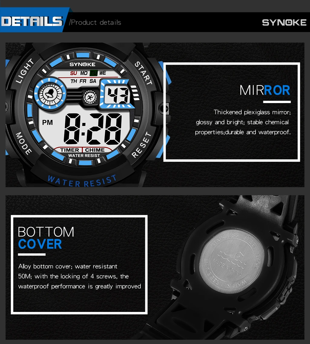 SYNOKE Mens Sports Watches Digital Watch 50M Waterproof Multifunctional Swim Diver Outdoor Wristwatch relogios masculino