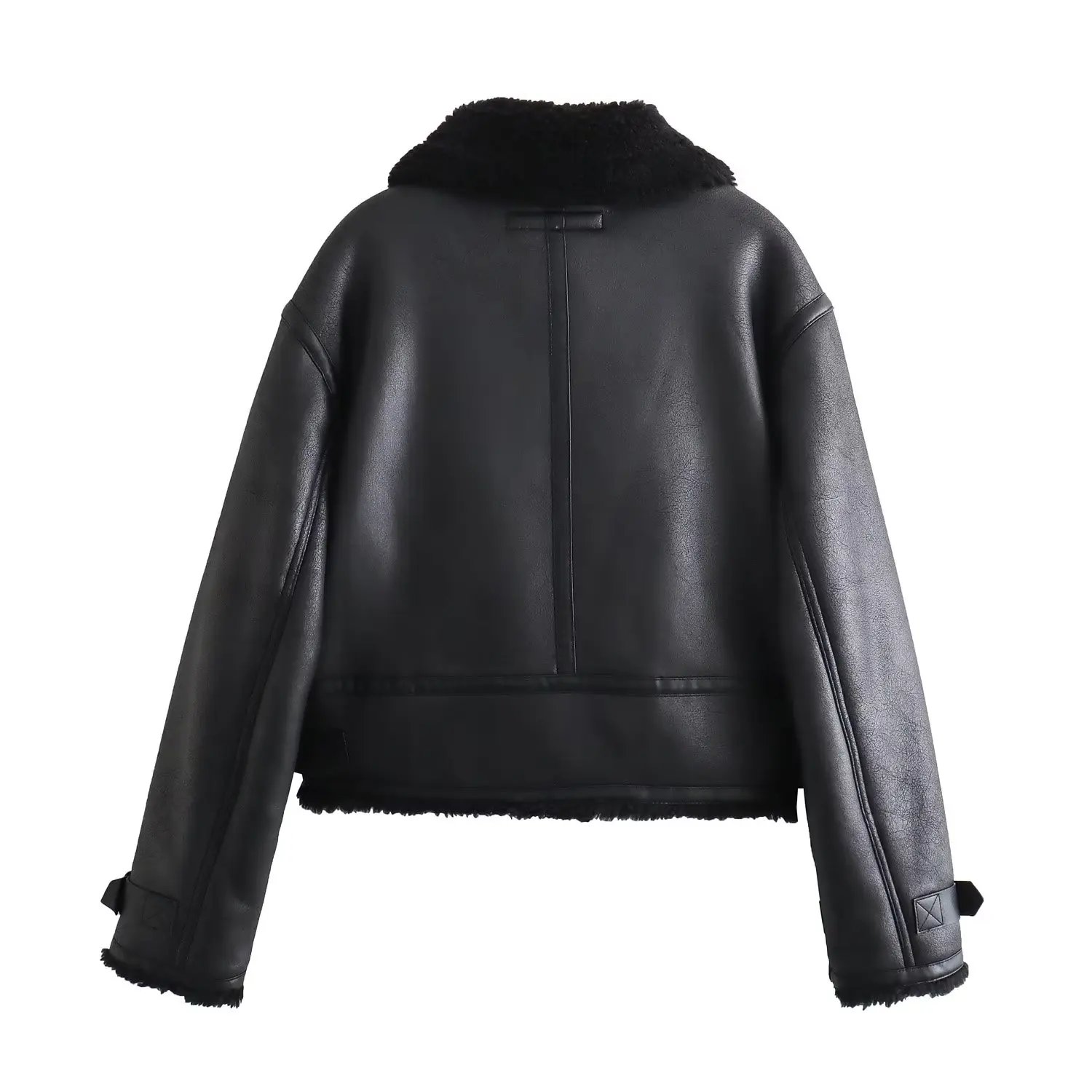 Withered British High Street Zippered Plush Leather Jacket Fashion Women's Vintage Motorcycle Leather Coat Jacket Women Tops