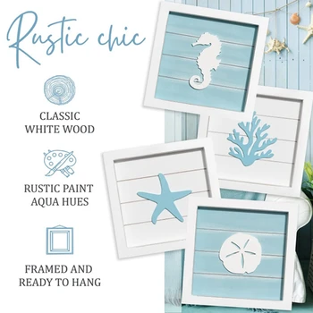 Ocean Theme Wall Decor Rustic Beach Decor with 3D Starfish Seahorses Wooden Frame Sign Beach Bathroom Decorations For Home 6