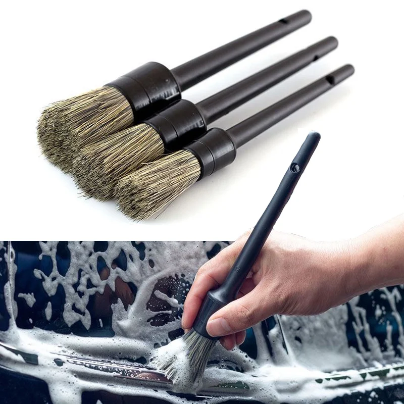 3 Pcs Natural Boar Hair Car Detailing Brush Set Soft Bristle Car Cleaning Brush Kits Atuo Tire wheel Wash Exterior Accessories