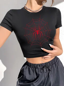 Women's Spider Print Round Neck Short Sleeve Slim Fit Cropped Top T-Shirt Women Clothes  Aesthetic Clothes 1