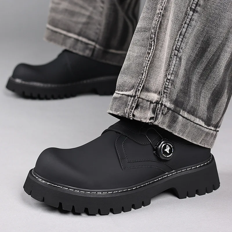 Spring Autumn British Thick Casual Derby Shoes for Men Fashion 2025 New Designer Rotary Button Black Dress Wedding Shoes Man 5