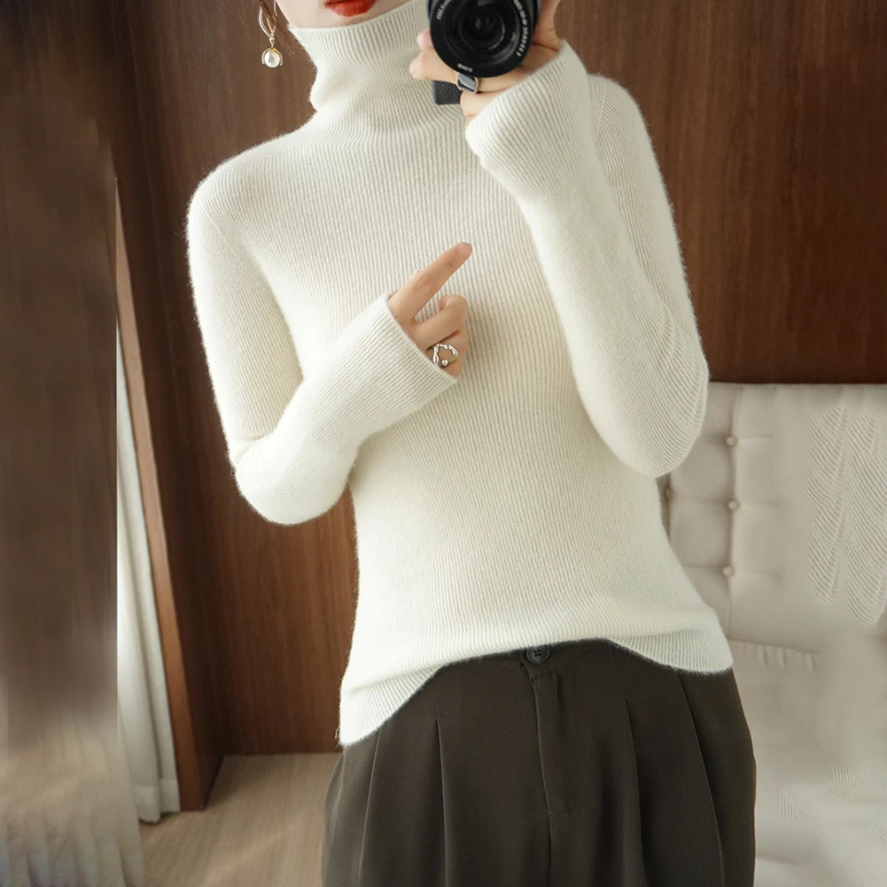 

New Women Autumn Winter Slim Fit Turtleneck Ribbed Sweater Plain Faux Cashmere Jumper Pullover Knitted Tops Ladies Sweaters