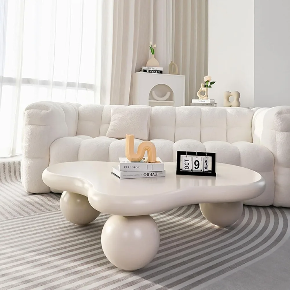 Modern Coffee Table Cloud Shape Low Coffee Table Cartoon Irregular Indoor Tea Table with 3 Ball Leg for Living Room (White, 39.4 1