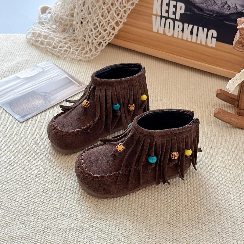 Children Ankle Boots Retro Tassels Girls Short Boots Round Toes for Autumn Winter 2025 Fashion Kids Princess Boots Soft Bottom