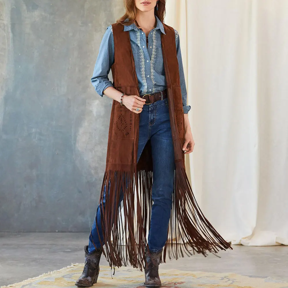 

New Womens Vest Coat Suede Faux Fur Ethnic Sleeveless Long Princess Vests Tassels Fringed Rivet Fashion Cardigan