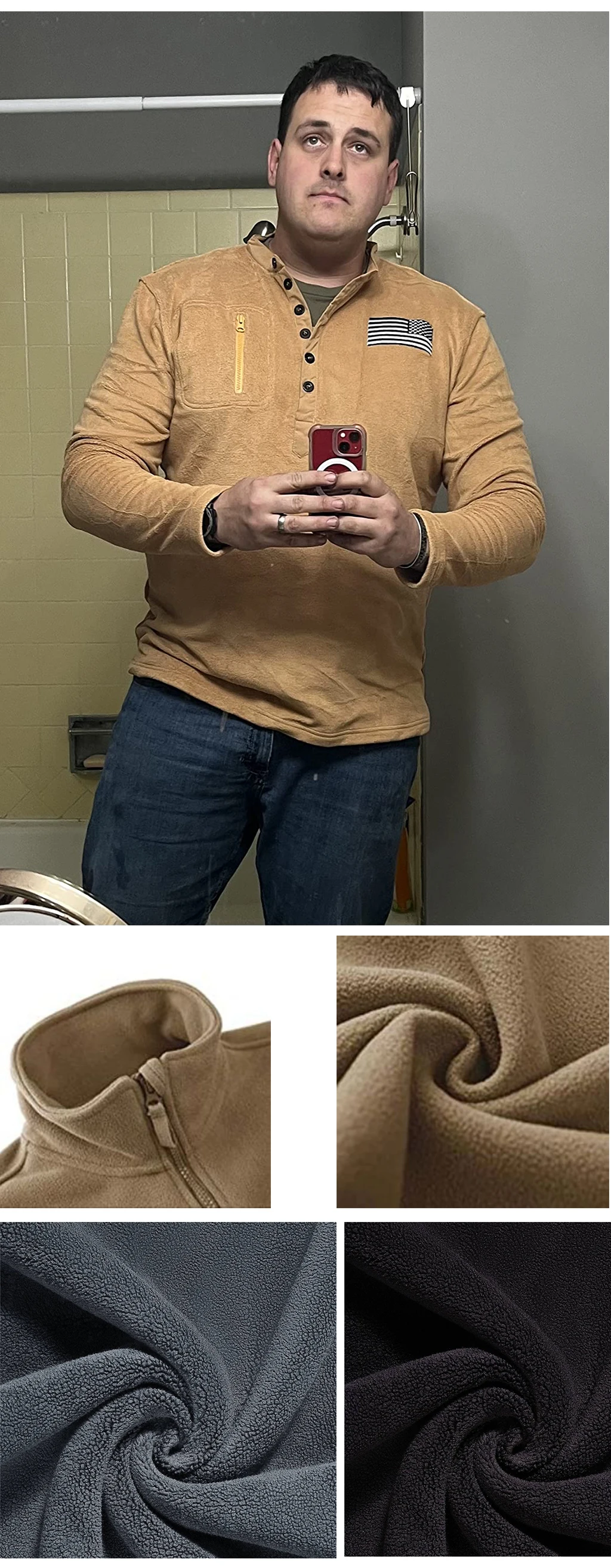 Men's Tactical Fleece Pullover Outdoor V Neck Button Up Shirt Warm Hiking Climbing Softshell Jacket