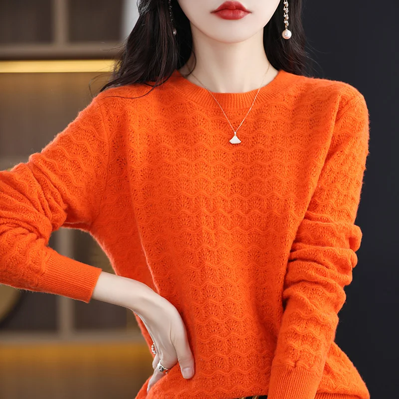 

Women's Cashmere 100% Wool Jacquard Hollow-Out Knitted Chic Pullover Round Neck Spring And Autumn New Vintage Lazy Soft Sweater