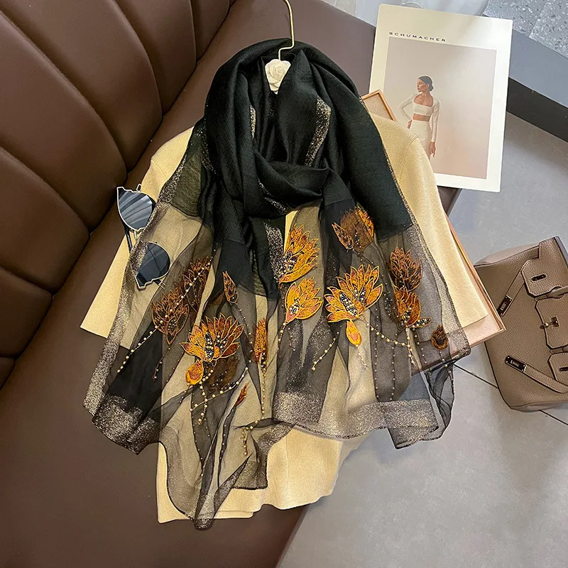 

Luxury Manual Embroidery Lotus Design Plant Flower For Women Plain Soft Wool Mulberry Silk Scarf Big Shawl Long Ladies Scarves