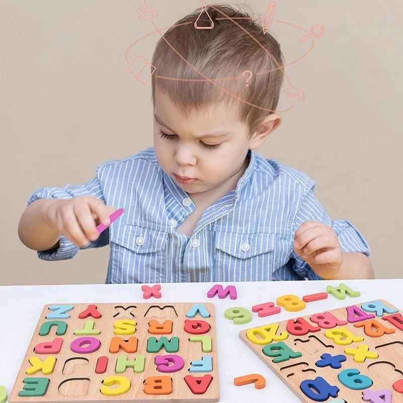 Wooden Puzzle Alphabet Number Shape Matching Board Baby Early Learning 3D Puzzle Preschool Educational Toys For Children