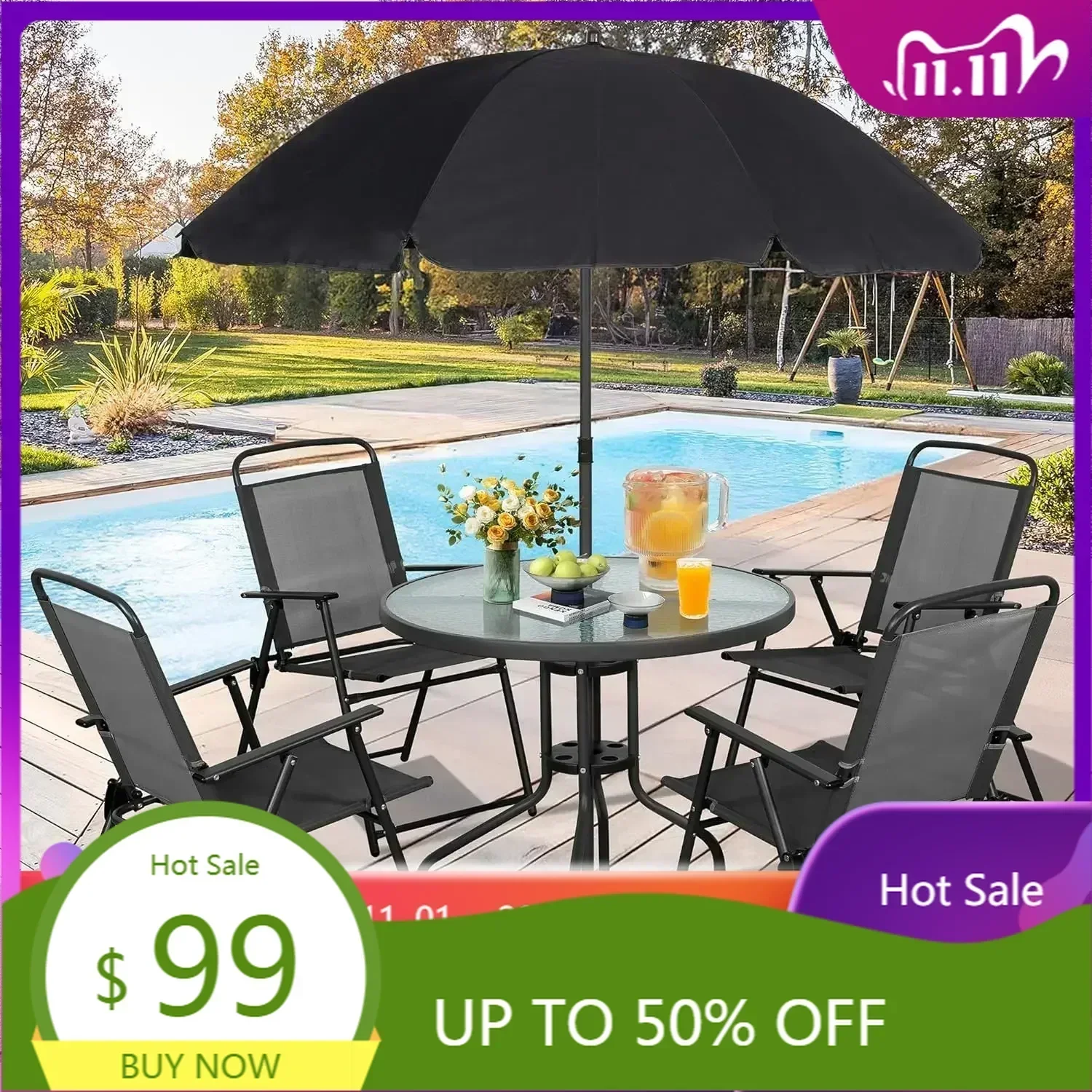 Black 6-Piece Metal Patio Dining Set with Umbrella for Outdoor Garden, Lawn, Deck, and Backyard