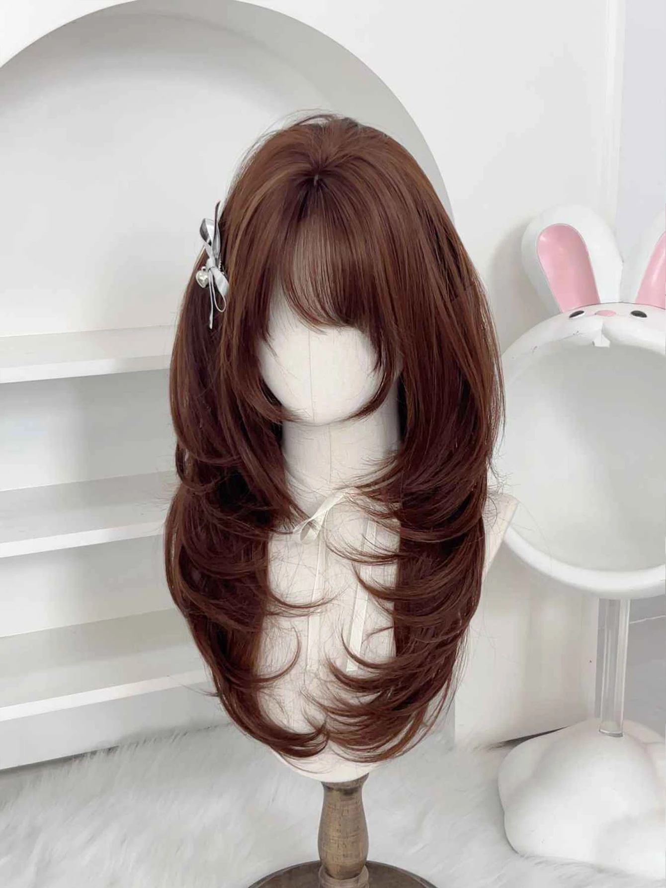 Brown Synthetic Wig for Women with Wavy Hair and French Bangs