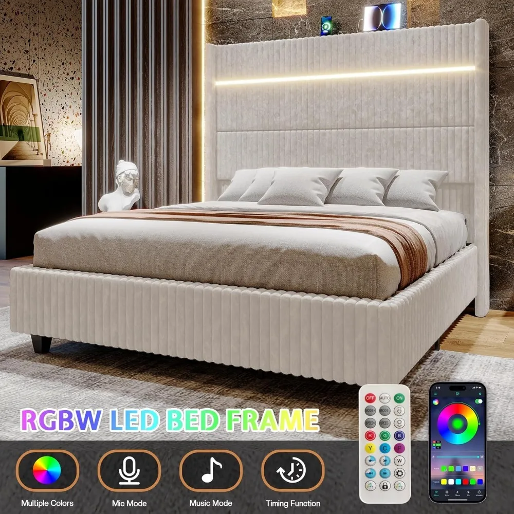 Queen Bed Frame with LED Lights, Corduroy Upholstered With 60" Tall Wingback Headboard and Charging Station, Beds Frames 5