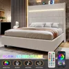 Queen Bed Frame with LED Lights, Corduroy Upholstered With 60" Tall Wingback Headboard and Charging Station, Beds Frames 5