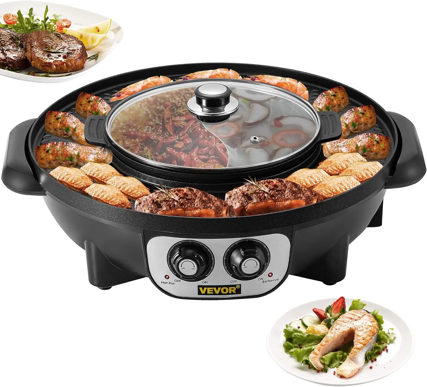 

in 1 Grill and Hot Pot, 2200W BBQ Pan Grill and Hot Pot, Multifunctional Teppanyaki Grill Pot with Dual Temp Control, Smokeless