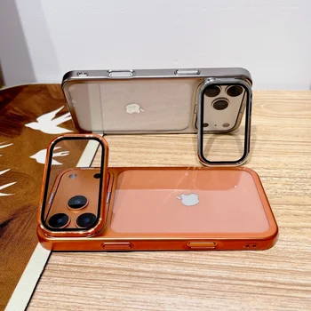 Plating Fold Glass Camera Stand Holder Phone Case For iPhone 17 17Pro 17Air 17 Pro Max Ultra Thin Transparent Shockproof 2028 2