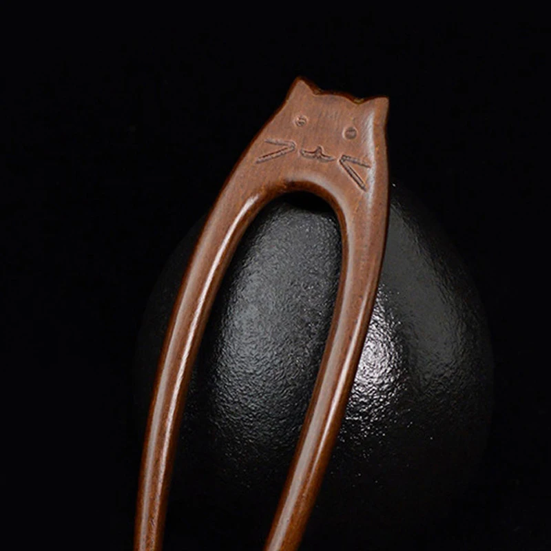 Chinese Style Cat Wooden Hair Stick U Shaped Hair Forks For Women Hair Bun Maker Hairpins Retro Fashion Headpieces Accessories