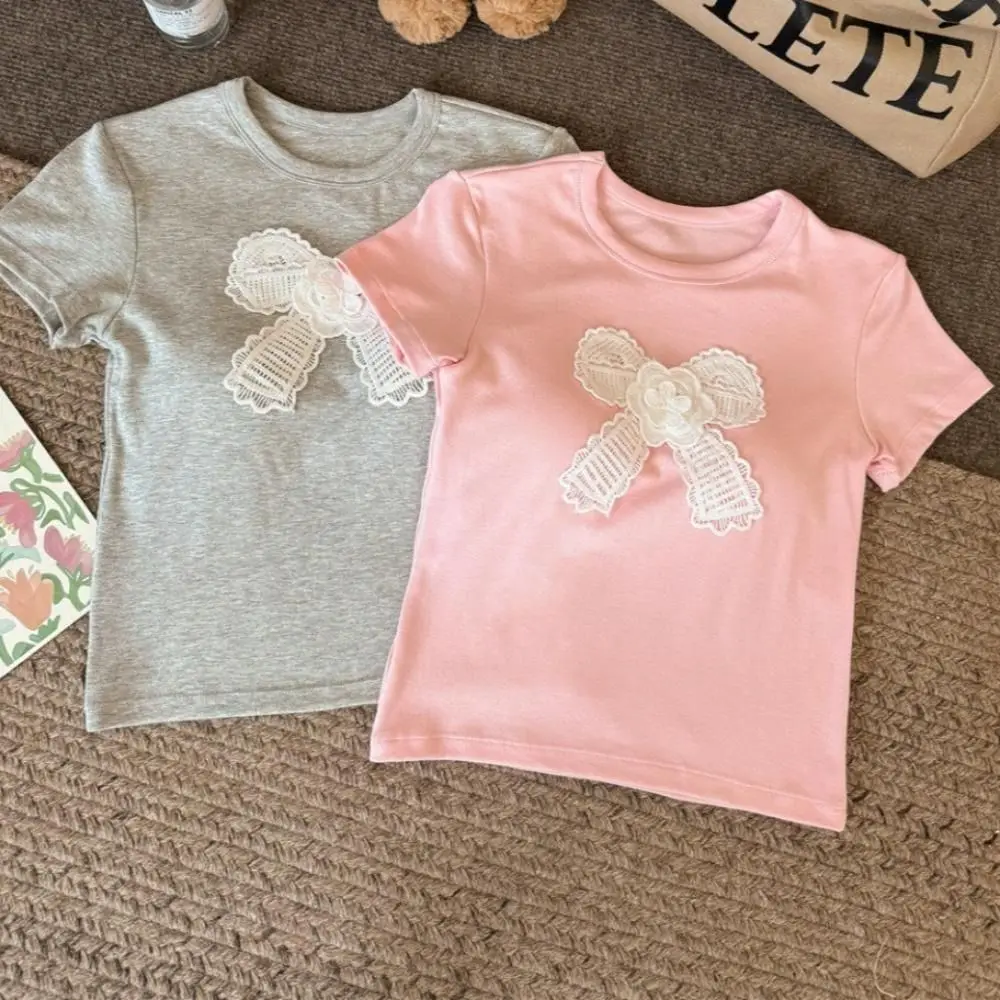 Casual Top Cotton Korean Bow T-shirts Bowknot With Chest Pads Y2K Crop Tops Undershirt Korean Style Short Shoulder Tops Student