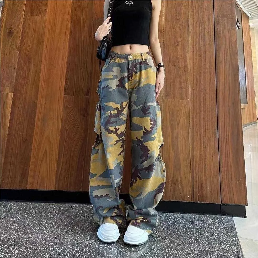 

Camouflage Drape Wide-leg Pants Women Summer Style Loopholes Both Sides High Waist Design Slim Casual Pants Straight-leg Pants