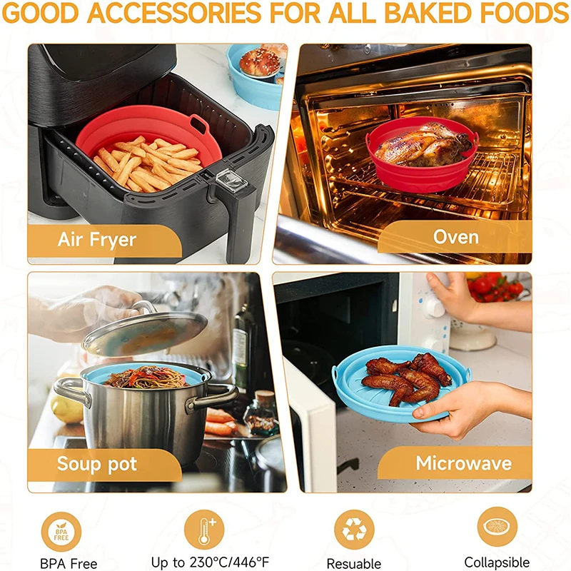 LMETJMA Silicone Air Fryer Liners for 3 to 7 QT Collapsible Silicone Liners for Air Fryer Basket Reusable Pot Baking Tray JT80