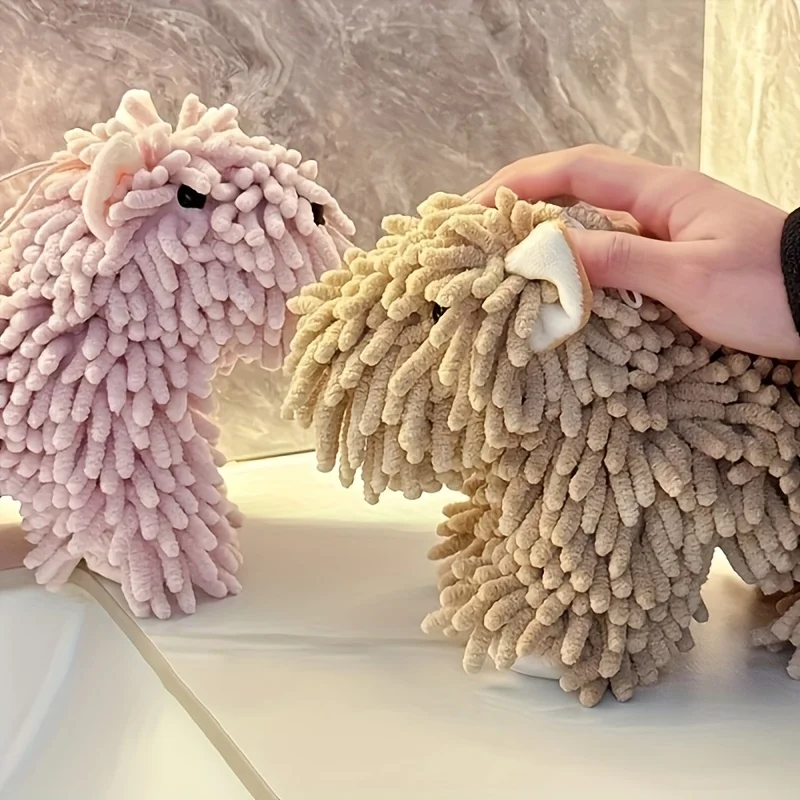 Cute Puppy-Shaped Coral Fleece Hand Towel-Wall-Mounted Absorbent Kitchen & Bathroom Towel with Hooks Soft Pet-Themed Decorative
