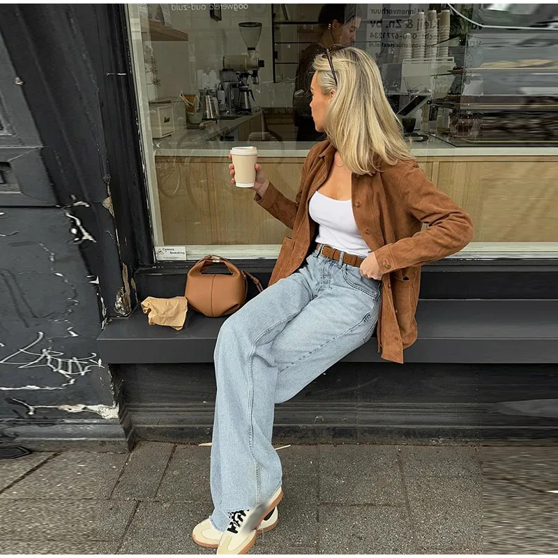 Casual Suede Long Sleeve Jackets Women Autumn Loose Brown Lapel Coat Top With Pockets Female Elegant Chic Street New in Outwear
