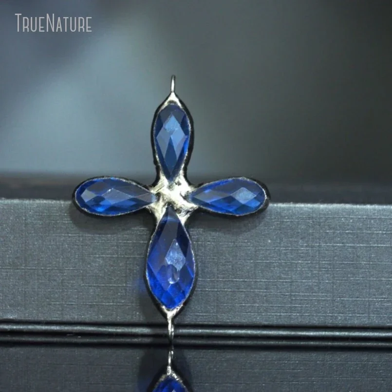 

10Pcs Wholesale Faceted Blue Tin Glass Crystal Jesus Christian Handmade Jewelry Black Patina Soldered Cross Pendant PM37646