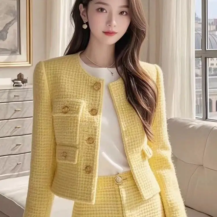 جديد الخريف الشتاء تويد المرأة قطعتين مجموعة الراقية أنيقة طويلة الأكمام سترة ضئيلة تنورة صغيرة صغيرة عبق بدلة على الموضة