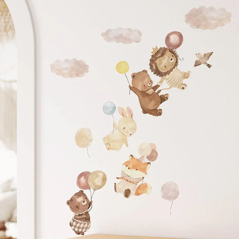 Cute Cartoon Animal Lion Fox Rabbit Balloon Nursery Wall Stickers for Kids Rooms Children Baby Room Decor Wall Decals Wallpaper wall stickers