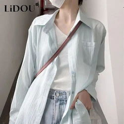 Summer Fashion Solid Color Sunscreen Long Sleeve Shirt Ladies Simple All-match Loose Casual Buttons Top Women Cardigans Blouse