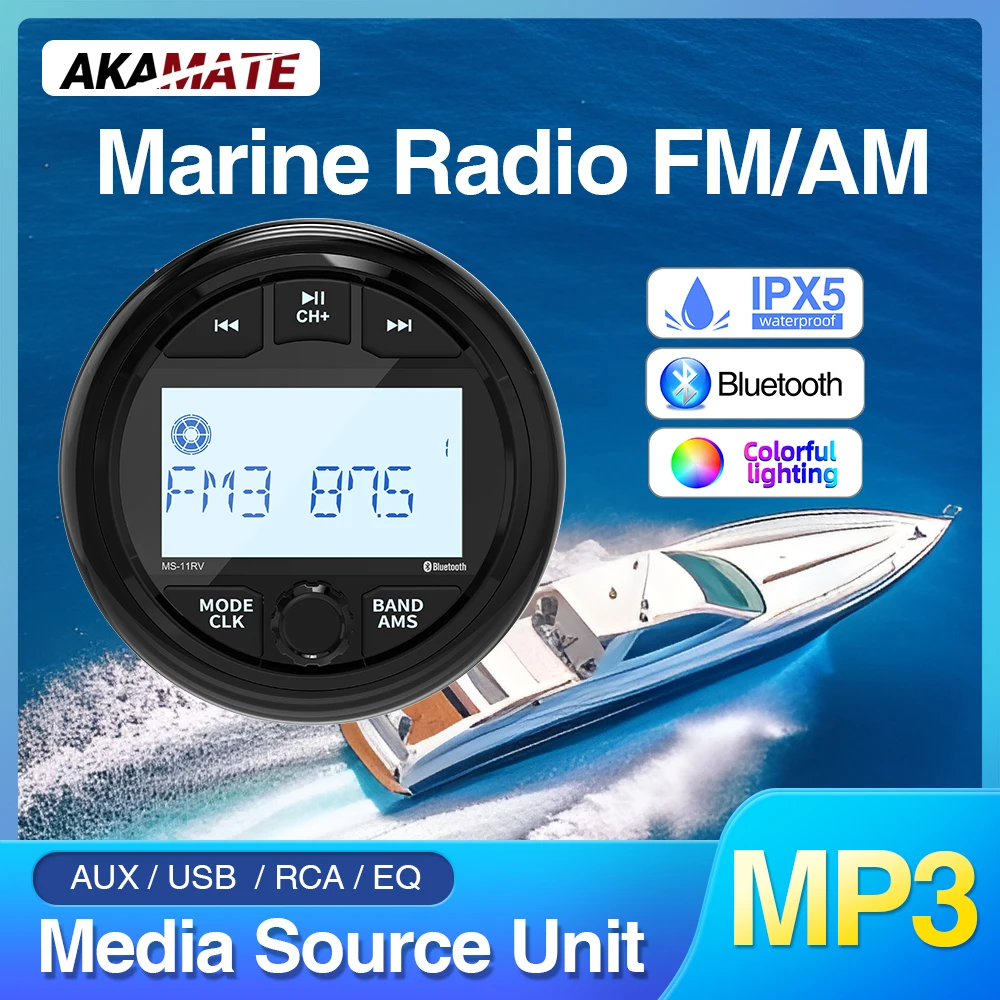 Boat radio player AKAMATE Marine Boat Radio Media Player MP3 Stereo Radio FM AM Receiver Waterproof Bluetooth AUX USB Widely for ATV UTV SPA RZR
