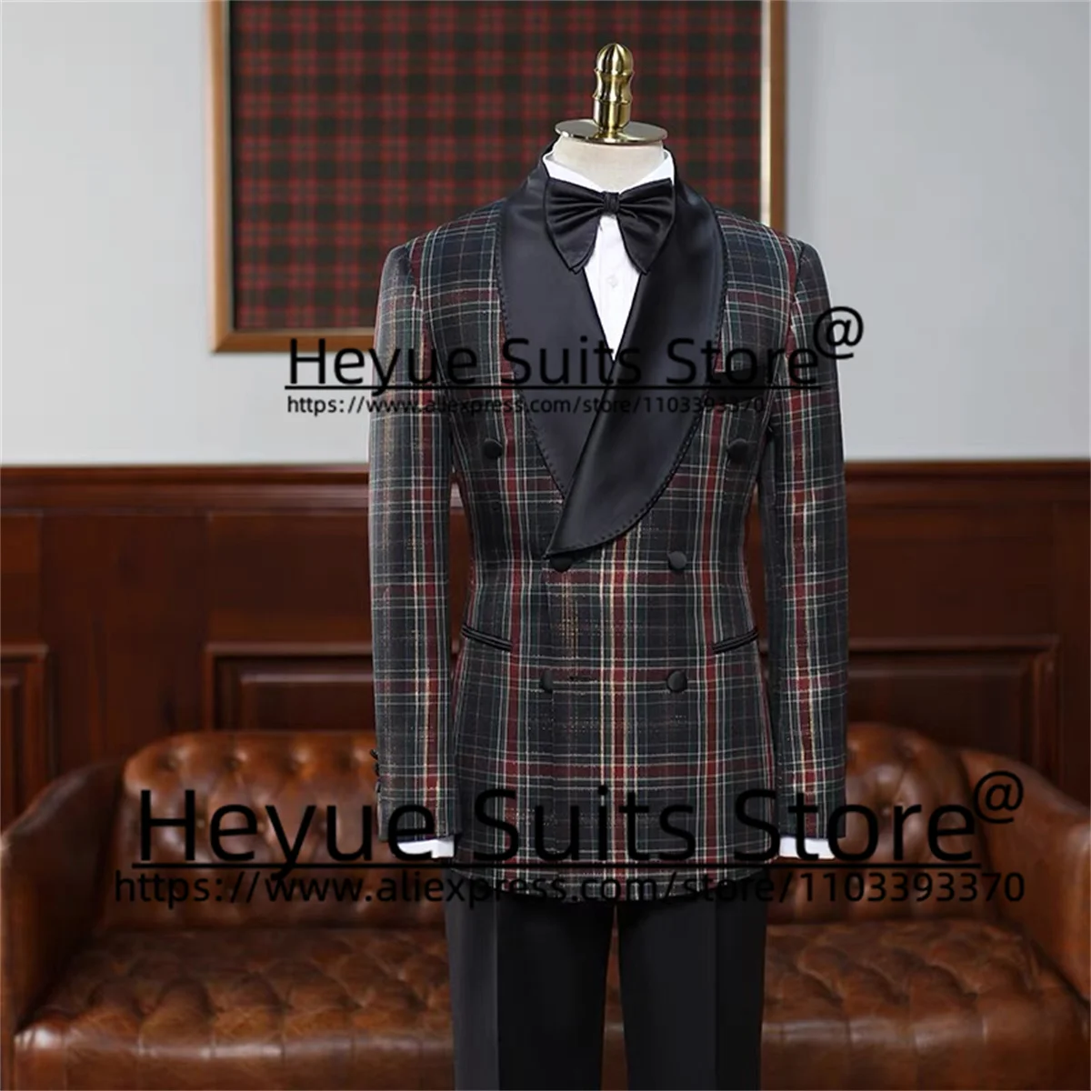 Luxuly Golden Thread Red Green Plaid Wedding Suits For Men Slim Fit Double-breasted Groom Tuxedos 2 Pieces Sets trajes de hombre