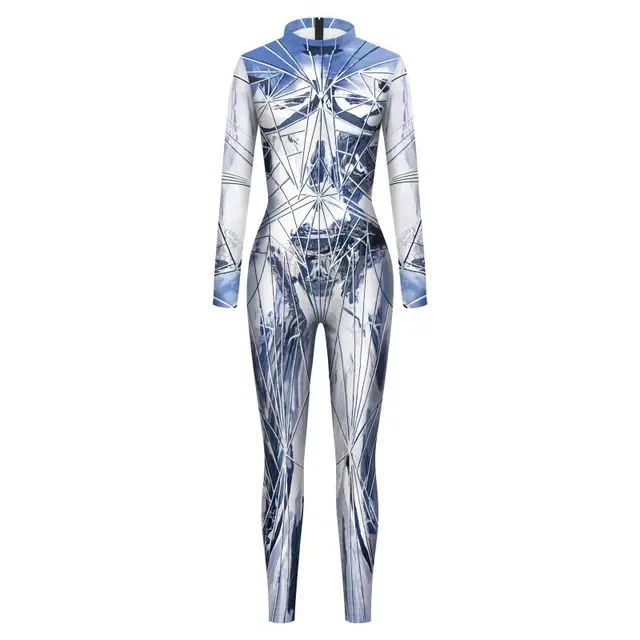 Women Silver Armor Print Bodysuit For Women Full Body Metallic Sci