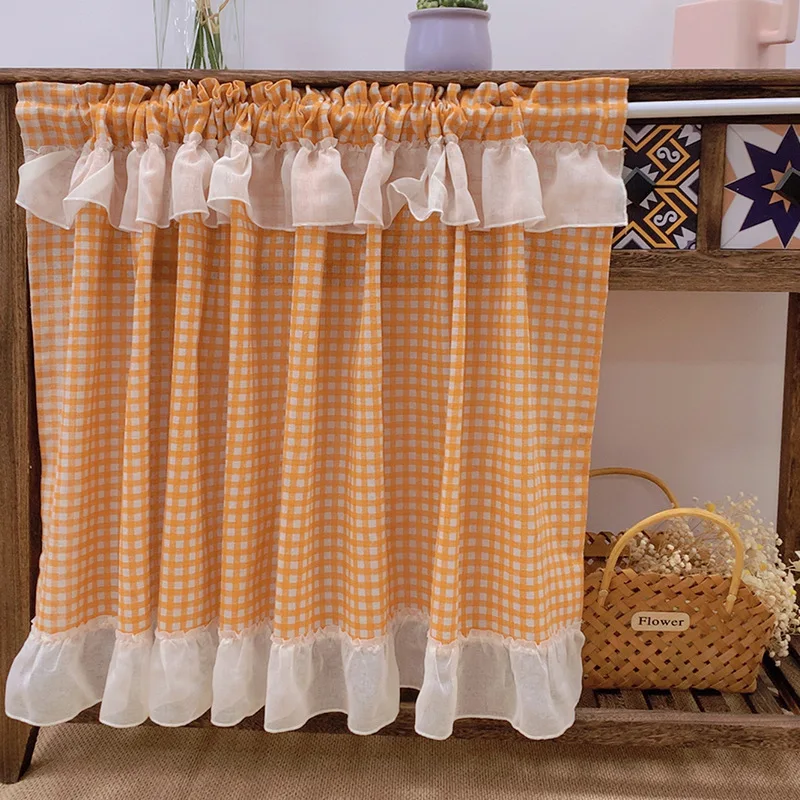 Cortinas de ventana con cenefa a cuadros, cortinas de filtrado de luz para dormitorio, sala de estar y comedor, color naranja y blanco, 221881HCR