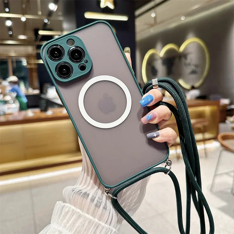 Crossbody Lanyard Matte Hard Magnetic Phone Case with Magsafe Back Cover