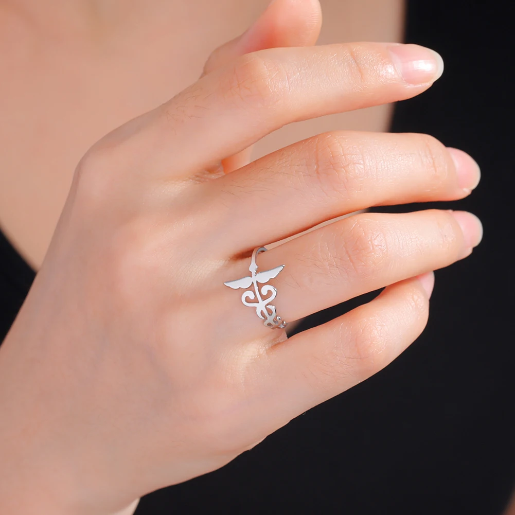 Lucktune Caduceus Medical Symbol Rings Women Stainless Steel Snake