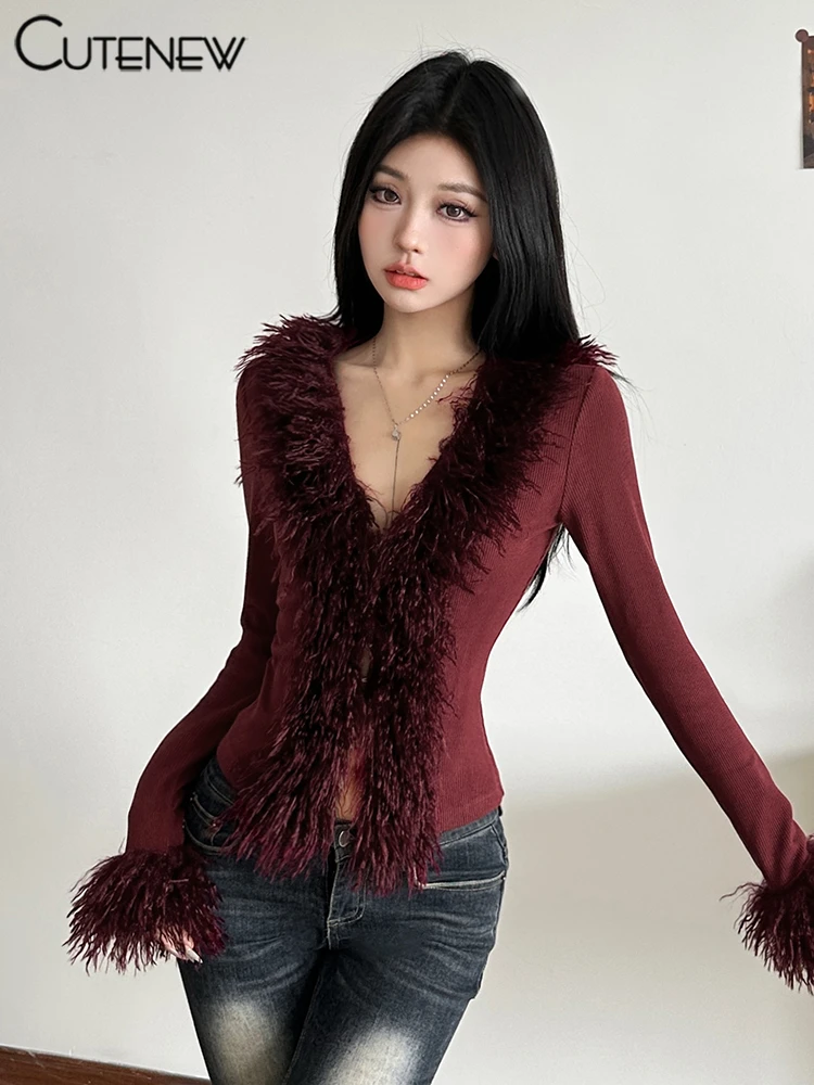 Feather Patchwork Women Tops Autumn Hipster Solid Full Sleeve V-neck Split Ribbed Slim Tee Female All-matched Streetwear