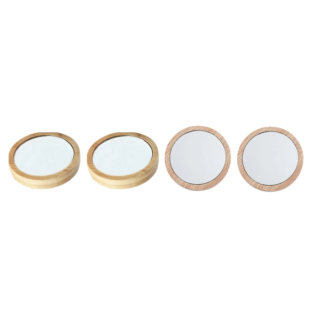 

4 Pcs Small Round Mirror Makeup Travel Portable Desktop Wood Cosmetics