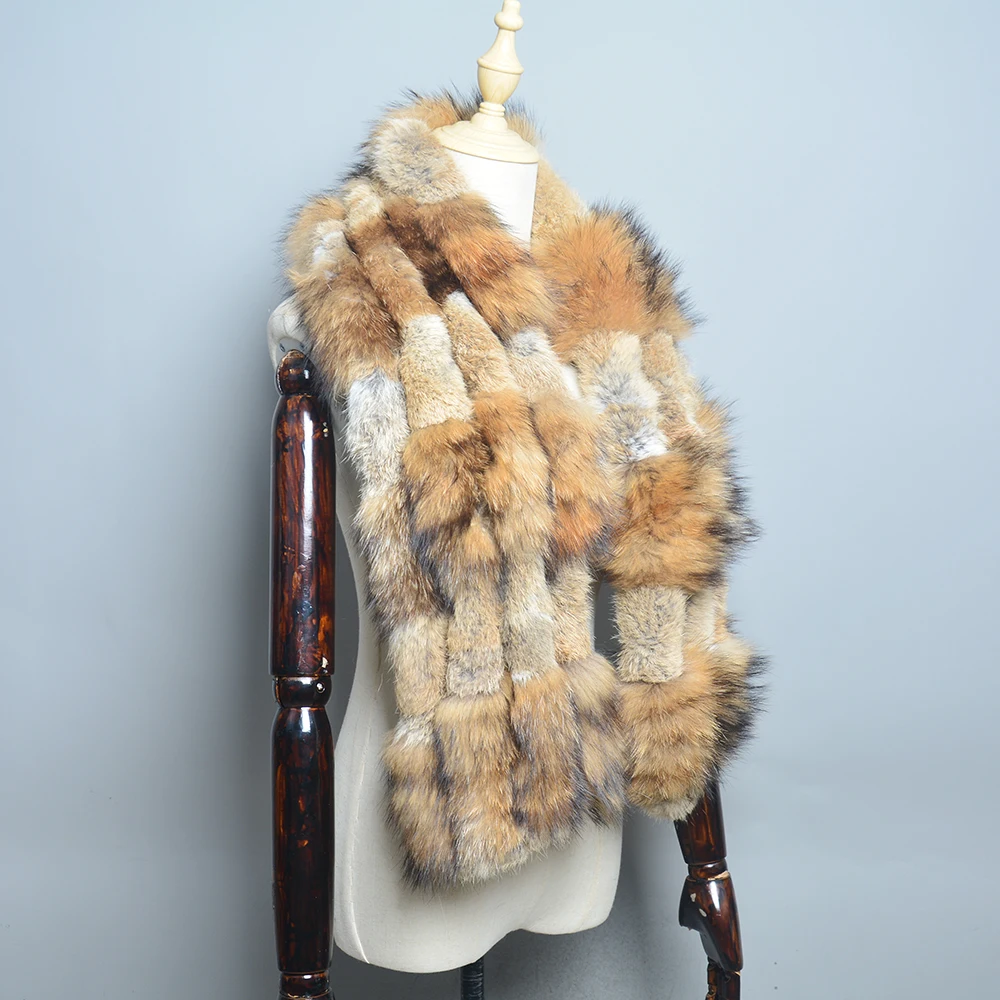 Ladies Real Rex Rabbit Fur Scarf Knit Fashion Winter Knitted Genuine Fox Fur Scarves Women 2025 Female Luxury New Fashion Scarfs 3