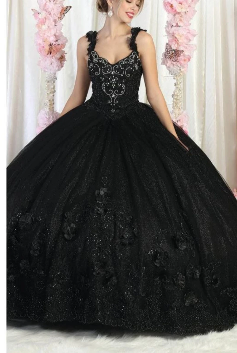 

V-Neck Floral Detailed Quinceanera Ballgown Ornate Straps Scoop Back Sweep Train Dress