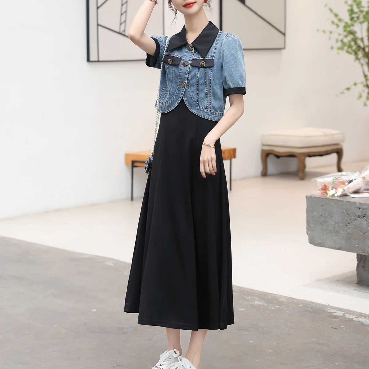 

Spring Summer Two Piece Set Women Denim Short Coat Jackets+Sleeveless Dresses Sets Female Casual Korean Elegant Dress Suit
