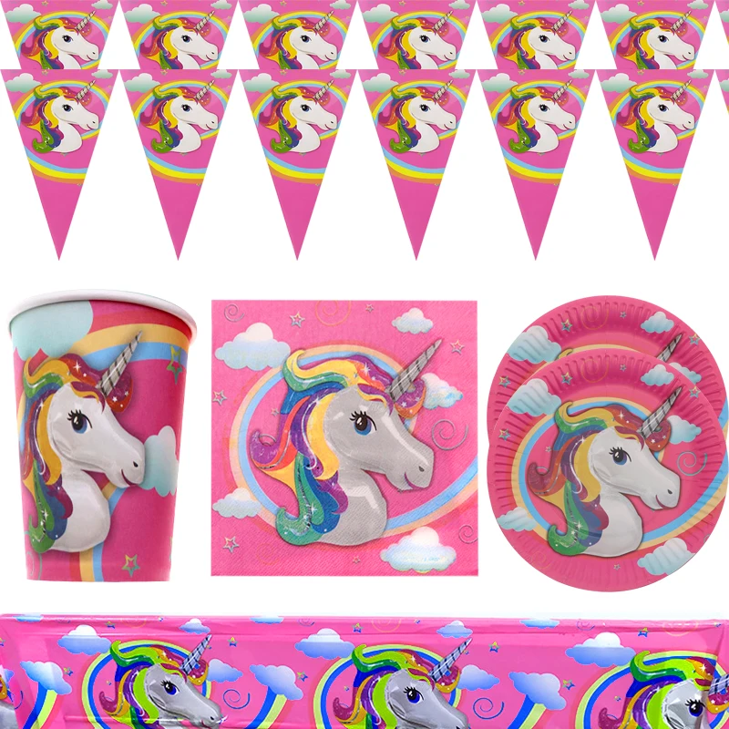 

51pcs/lot Pink Unicorn Theme Banner Happy Birthday Party Flags Napkins Plates Cups Banner Decoration Tablecloth Supplies